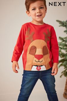 Red Reindeer Long Sleeve Christmas T-Shirt (3mths-7yrs) (D79725) | €11 - €12