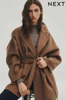 Mocha Brown Handsewn Wool Blend Belted Coat (D79828) | €119