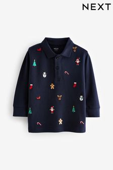 Navy Blue Christmas Long Sleeve All Over Embroidered Polo Shirt (3mths-7yrs) (D79865) | €13 - €15