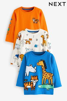 Blue/Orange Safari Animals Long Sleeve Character T-Shirts 3 Pack (3mths-7yrs) (D79884) | AED60 - AED74