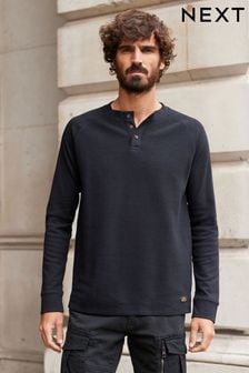 Schwarz - Langärmeliges T-Shirt mit Henley-Kragen (D80238) | 18 €