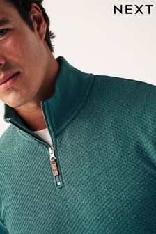 Zielony - Teksturowany sweter z długim rękawem i zapięciem pod szyją (D80267) | 89 zł