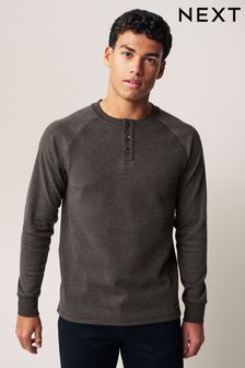 Neutral Brown Long Sleeve Grandad Collar T-Shirt (D80276) | 101 zł