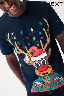 Navy Blue Reindeer Print Christmas T-Shirt (D80305) | $31