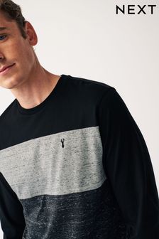黑色/麻灰色 - 拼色長袖T恤 (D80330) | NT$690
