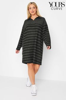黑色 - Yours Curve奢華柔軟質感翻領條紋連身裙 (D80350) | NT$2,380