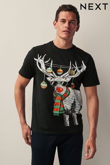 Black Reindeer Doodle Print Christmas T-Shirt (D80379) | OMR8