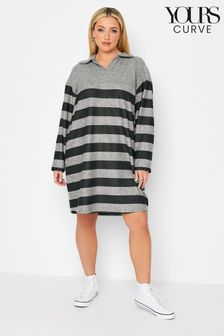 灰色 - Yours Curve奢華柔軟質感翻領條紋連身裙 (D80390) | NT$2,380