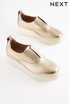 Gold Slip On Signature Forever Comfort® Leather Chunky Wedges Platform Trainers (D80429) | $87