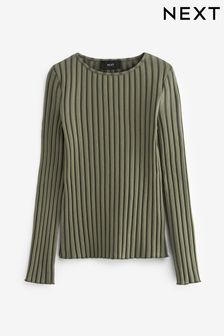 Khaki Green Long Sleeve Striped Ribbed Top (D80477) | AED68