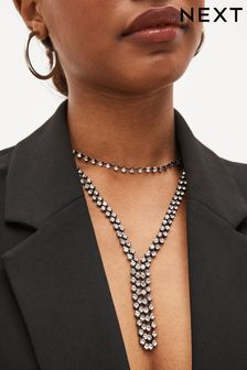 Schwarz - Zweireihige, glitzernde Halskette mit Y-Anhänger (D80568) | 24 €