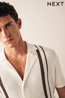 Ecru White/Brown EDIT Knitted Cuban Collar Button Through (D80623) | €14