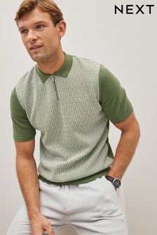 Green/Ecru Cream Geo Zip Polo Shirt (D80624) | 97 zł