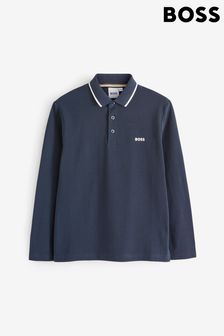 BOSS Navy Blue Chest Logo Long Sleeve Polo Shirt
