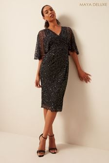 Maya Black Fully Embellished Faux Wrap Midi Dress (D80720) | €88