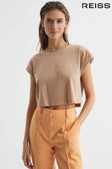 Reiss Camel Terry Cotton Crew Neck Crop Top (D80803) | OMR23