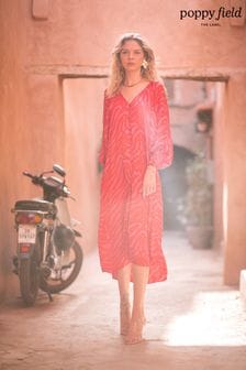 Poppy Field Red Clavel Satin Print Midi Dress (D81748) | $218