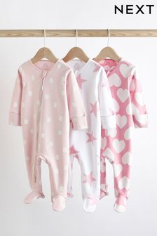 Pink/White Baby Two Way Zip Sleespuits 3 Pack (0-3yrs) (D82362) | 84 QAR - 94 QAR