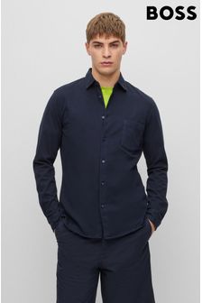 Albastru închis - Boss Garment Dyed Slim Fit Jersey Cotton Long Sleeve Shirt (D82620) | 591 LEI