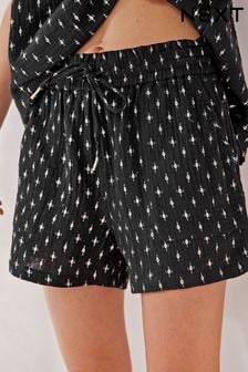 Black Foil Print 100% Cotton Crinkle Shorts (D82918) | €9