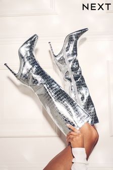 Spiegel mit Silber Kroko-Effekt​​​​​​​ - Schlanke Stiefel mit quadratischer Spitze (D82998) | 48 €