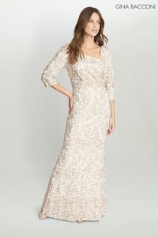 Gina Bacconi Lilenne White Asymmetrical Neck 3/4 Sleeve Sequin Lace Dress (D83022) | €216