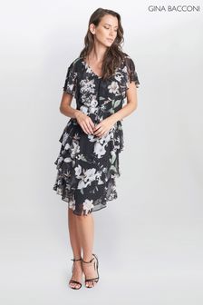 Gina Bacconi Debbie Black Floral Print Tiered Dress (D83027) | €140