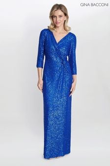 Gina Bacconi Blue Jacynda Sequin 3/4 Sleeve Wrap Dress With Twist (D83030) | $635
