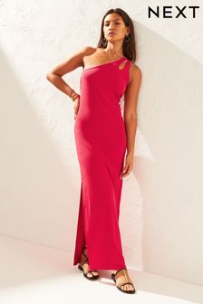 Magenta Pink One Shoulder Cut-Out Ribbed Midi Dress (D83071) | €12