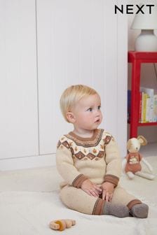 Tan Brown Fairisle Knitted Baby Romper (0mths-2yrs) (D83185) | €19 - €21