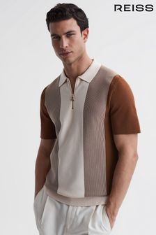 Reiss Tobacco/Cream Milton Half-Zip Striped Polo T-Shirt (D83287) | 867 QAR