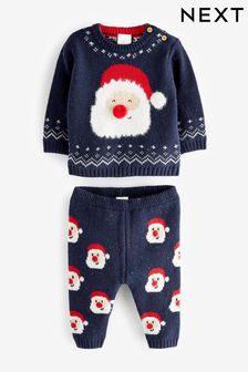 Weihnachtsmann/Marineblau - Baby-Strickset mit Pullover und Leggings (0 Monate bis 2 Jahre) (D83348) | 18 € - 20 €