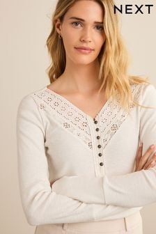 Ecru Cream Long Sleeve V-Neck Lace Detail Top (D83520) | AED104