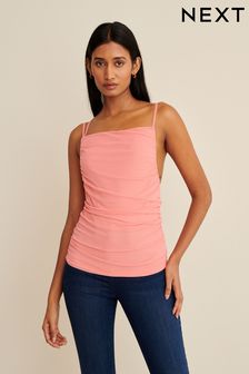 Coral Pink Mesh Draped Ruched Cami Top (D83532) | €10