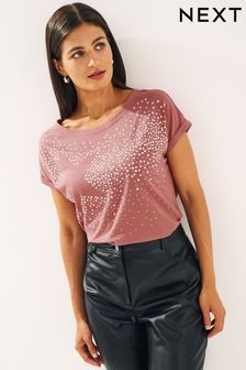 Blush Pink Embellished Graphic Star Short Sleeve Crew Neck T-Shirt (D83541) | €10