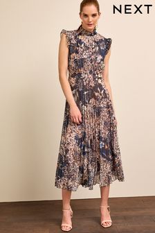 Navy Blue Floral Sleeveless Mesh Pleated Midi Occasion Dress (D83566) | 46 €