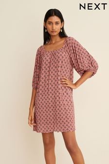 Pink Tile Print Plissé Short Puff Sleeve Mini Dress (D83569) | 80 zł