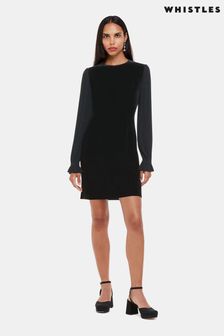 Whistles Velvet Pleat Sleeve Black Mini Dress (D83589) | €89