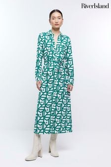 River Island Green Geo Shirt Belted Midi Dress (D83651) | €24