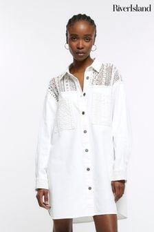 River Island White Lace Mix Shirt Mini Dress (D83660) | €26