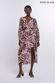 River Island Brown Animal Print Kimono Wrap Midi Dress (D83663) | €34