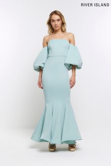 River Island Blue Bardot Puff Sleeve Maxi Dress (D83670) | €88
