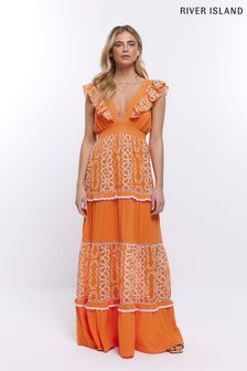 River Island Orange Frill Print Mix Midaxi Dress (D83730) | €30