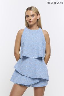 River Island Petite Denim Blue Broderie Layered Playsuit (D83737) | €25