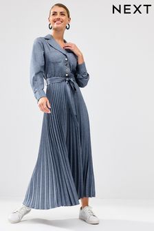 Blue Pleated Long Sleeve Midi Dress (D83798) | $106