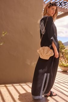 Black/White Maxi Embroidered Kimono Cover-Up (D83890) | $88