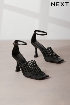 Black Signature Leather Knot Cage Heeled Sandals (D84030) | €49