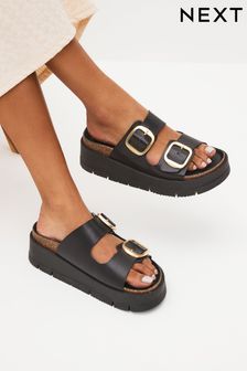 Black Forever Comfort® Leather Double Buckle Flatform Shoes (D84046) | ₪ 164