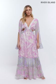 River Island Purple Bell Sleeve Mix Print Maxi Dress (D84128) | $102