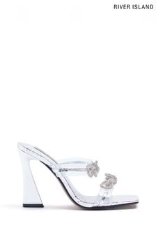 River Island Silver Double Strap Bow Perspex Mule Sandals (D84139) | €32